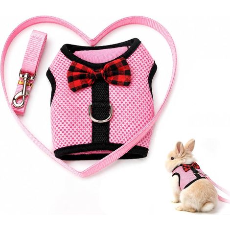 Harnais Lapin Nain avec laisse, Ensemble Harnais et Laisse pour Lapin rose, taille M (tour de poitrine 30-34 cm), parfait pour lapins, chats et petits chiens, avec joli nœud (1/5)