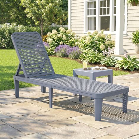 Gris 191x55x35,5 cm - Chaise longue inclinable de jardin extérieure doté de dossier réglable à 4 positions et cadre en PP foncé (1/4)