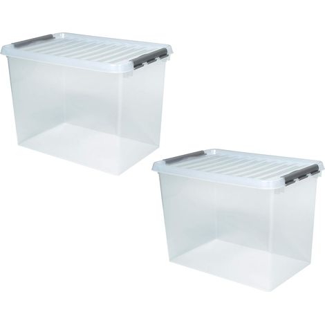 BRB Lot de 2 boîtes à clip avec couvercle - Capacité : 72 l - Dimensions : 600 x 400 x 420 mm - Transparent