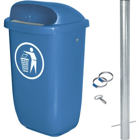 BRB Poubelle d'extérieur - Capacité : 50 l - Conforme à la norme DIN 30713 - Kit complet avec poteaux de tuyau galvanisés et colliers de serrage (bleu)
