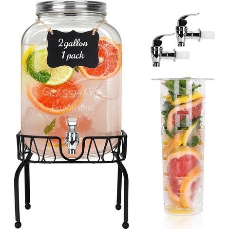 Distributeur de boissons en verre de 7,8 litres, 1 distributeur de boissons transparent pour fête, barbecue et pique-nique, distributeur de jus avec noyau de glace, support noir, robinet (1/5)