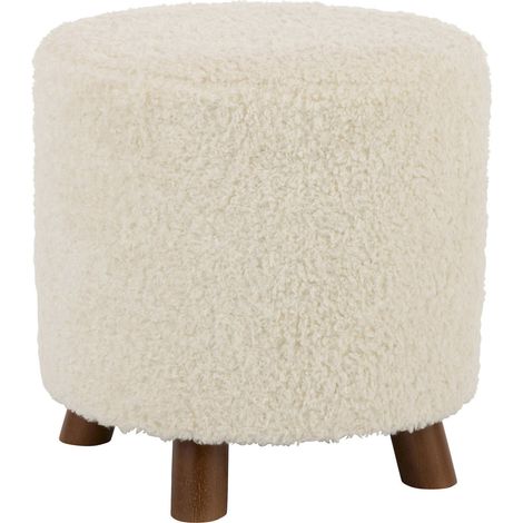 Pouf mouton blanc assise moelleuse pieds bois élégant - Blanc effet laine mouton (1/2)