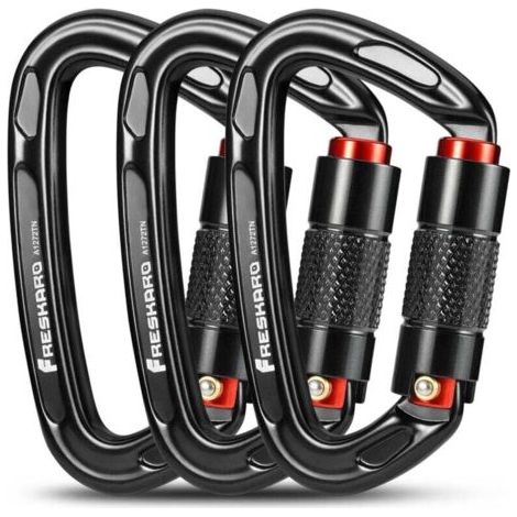 Mosquetón de escalada, mosquetón de bloqueo automático, 25 kN-2550 kg, certificado CE, resistente, para montañismo, correa para perros, saco de boxeo, bomberos, hamaca, llavero, grande (10 cm), negro 