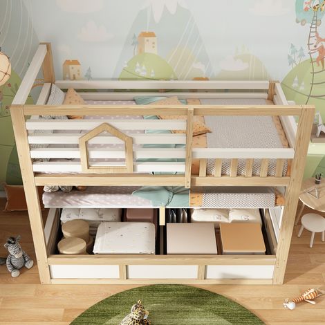 Lit superposé enfant 90x200 cm bois blanc rangement échelle (1/5)