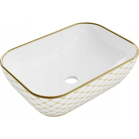 Vasque à poser rectangulaire Silla, lavabo salle de bain en céramique 45,5x32,5x13,5 cm, design moderne, installation facile, Blanc/Or