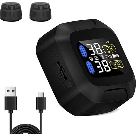 TPMS Système de contrôle de pression des pneus de moto, écran LCD, détecteur de pneus sans fil avec 2 capteurs externes, 0-6 bar/0-87 psi, alimentation USB, étanche, pour motos, vélos, VTT et (1/5)