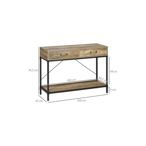 Table console vintage marron et noire 100 x 35 x 76,5 cm avec 2 tiroirs et étagère inférieure pour entrée et salon (1/5)