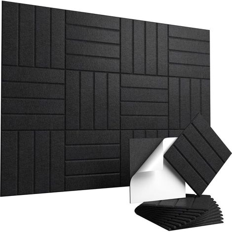 Set di 12 pannelli acustici autoadesivi – Pannelli murali fonoassorbenti ad alta densità 30 x 30 cm per la riduzione del rumore e dell'eco, nero (1/5)
