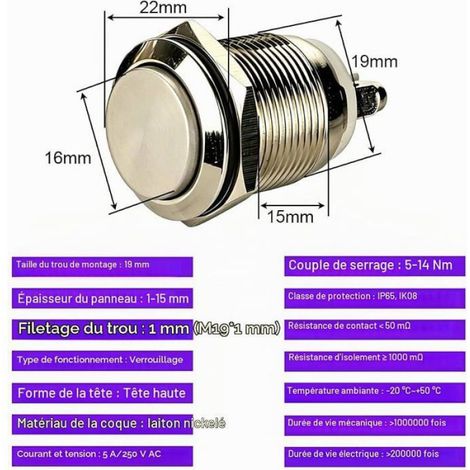 Interrupteur À Bouton-Poussoir - Verrouillage - 19 mm - IP65 IK10 - 5 A / 12 V 24 V 125 V 250 V - Bornes À Vis - Argent - 2 Pièces (1/5)