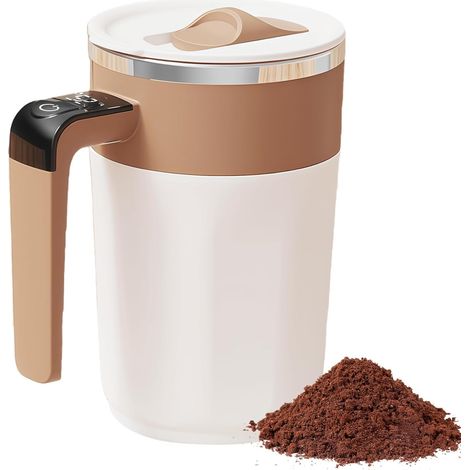 Mug mélangeur magnétique 400 ml avec mousseur à lait intégré et affichage de la température. Idéal pour la maison, le bureau ou la salle de sport. Couleur : marron. (1/5)