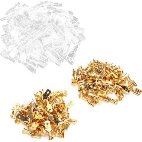 Set mit 50 vergoldeten 6,3-mm-Crimpverbindern aus Messing, isoliertes Kabelschuh-Set für Kabel und Drähte, Verbindungshülsen (1/5)