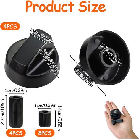 Universal black control switch knobs for ovens, cookers and hobs - Compatible with all brands, including 3 different sized adapters (set of 4) (1/4)