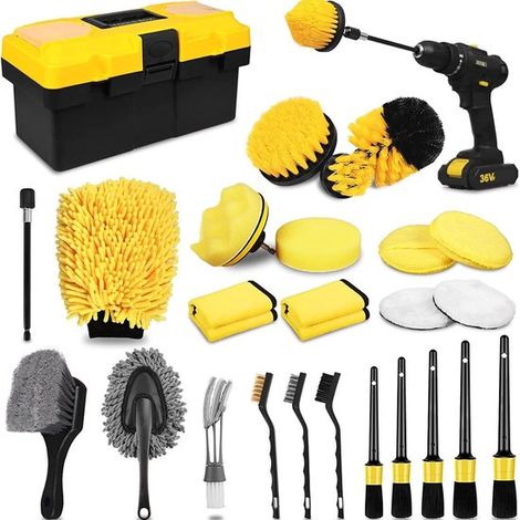 Set de lavage auto 27 pièces - Accessoires pour perceuse électrique - Nettoyage voiture, jantes, intérieur - Brosses souples - Connexion universelle - Sac de rangement inclus - Kit de nettoyage auto (1/5)