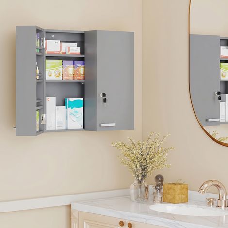 Armoire à pharmacie murale, armoire à médicaments avec double porte verrouillable 2 clés, 53x20x53cm, gris (1/5)