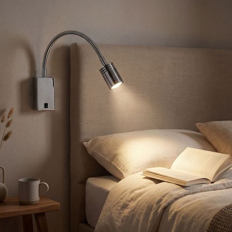 LedsC4 Book - Luz de Lectura para Cabecero LED 3W y 125lm con Luz Cálida 3000K. Diámetro 6.5cm. Estructura de Acero. Color Plateado