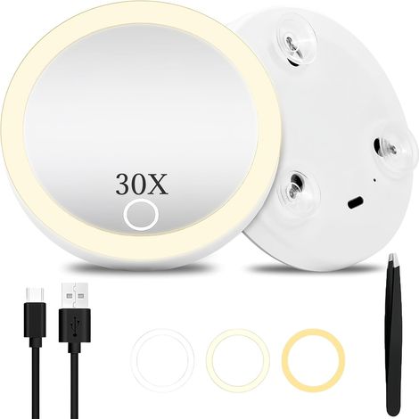 Miroir Maquillage Grossissant Lumineux 30X, éclairage 3 Couleurs, Miroir LED Rechargeable avec Ventouse et Pince à épiler, écran Tactile à Intensité Variable pour Salle de Bain, Voyage, Maison