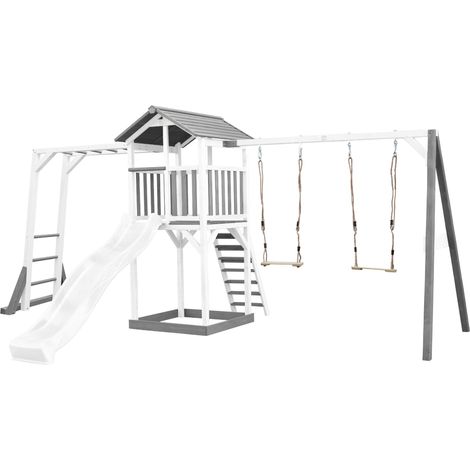 Axi Beach Tower Aire De Jeux Avec Toboggan En Blanc, Cadre D'Escalade, 2 Balançoires & Bac À Sable  Grande Maison Enfant Extérieur En Gris & Blanc  Cabane De Jeu En Bois Fsc