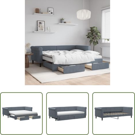 vidaXL Doppelbett - Tagesbett Ausziehbar mit Schubladen Dunkelgrau 90x190 cm Samt (1/5)