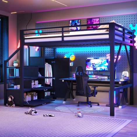 Cama dormitorio alta 140x200 con armario LED negra OKMYHOME (1/5)