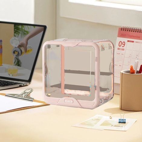 Vitrine für Spielfiguren, transparent, faltbar, staubdicht, Acryl, zur Aufbewahrung von Spielfiguren, für Zuhause, rosa (1/5)