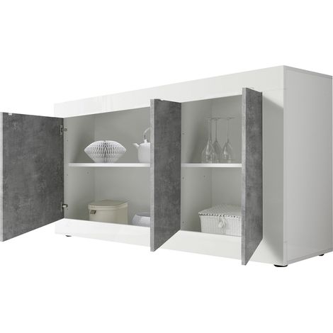Credenza Introbio, Madia 2 Ripiani, 4 Vani Made in Italy, 3 Ante, 160x42x85.8h cm Bianco Lucido