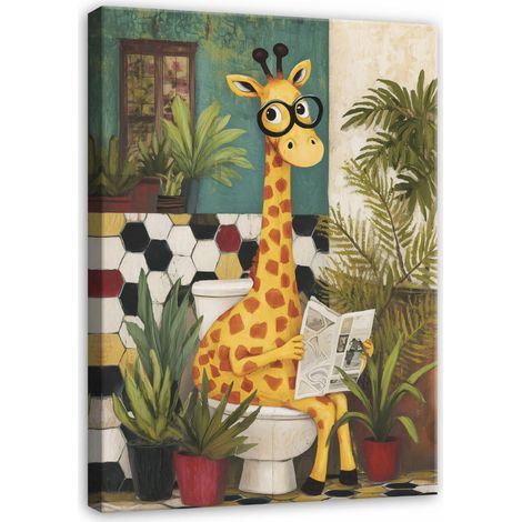 Tableau mural sur toile pour salle de bain WC, girafe drôle avec journal, décoration humoristique toilette, impression HD, 40 x 30 cm