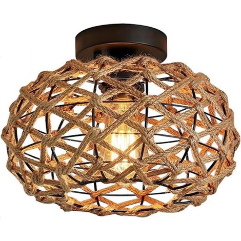 Plafonnier industriel vintage E27, lampe rétro de 25 cm de diamètre, abat-jour cage en métal et corde en chanvre, luminaire idéal pour salon, chambre, cuisine ou loft [Classe énergétique A+] (1/4)
