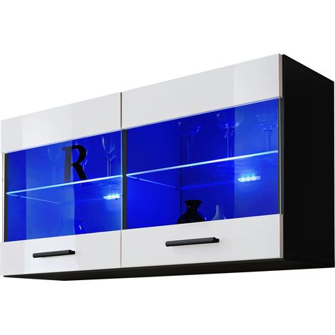 Extreme Furniture, Vitrines Murales T25, (LxHxP): 100 x 50 x 30, corps en Noir Mat, Façades en Blanc Brillant, sans LED