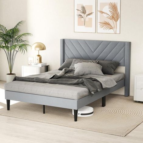 GOPLUS Lit 140 x 200 avec Sommier sans Matelas, Lit Capitonné avec Tete 140CM en Tissu Velours Doux, Lattes Bois, Charge 250KG (140X200CM,GrisTriangle) (1/4)