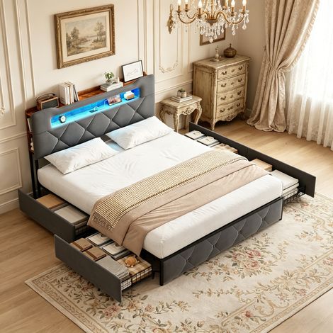 Lit Adulte 160x200 cm avec 4 tiroirs, tête de lit avec étagère, éclairage LED RGB, ports USB/Type-C, velours gris capitonné – Sans matelas (1/5)