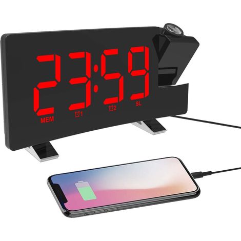 Radio Réveil à Projection, Réveil Projection Plafond 180°, Horloge Numérique FM USB avec Double Alarmes, Snooze, Minuteur de Mise en Veille, 12/24h, Grand écran LED avec Gradateur (Rouge)