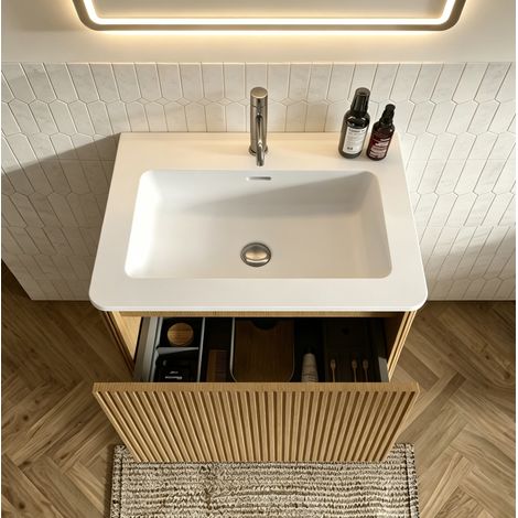 Hängender Badschrank mit Mineralguss-Waschbecken, 60 cm, Natureiche-Optik (1/5)