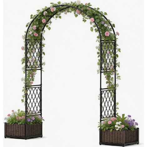 Arche à rosier métallique 200×220 cm avec 2 jardinières revêtement PE, treillis plantes grimpantes jardin mariage (1/5)