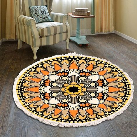 Tapis rond en coton tissé à la main - Motif mandala - Style bohème vintage - Avec pompons - Lavable en machine - Pour chambre à coucher, couloir, salon, table basse - 60 cm - Fleurs 31 (1/5)