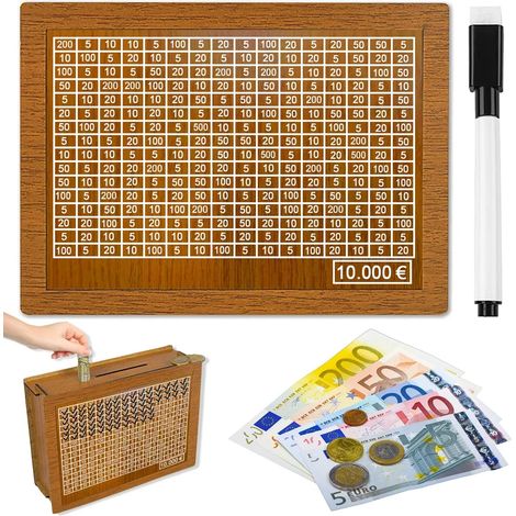 Tirelire en bois rétro, boîte à économies réutilisable avec objectif d'épargne et marqueur, cochon tirelire pour enfants, cagnotte à cocher avec chiffres, coffret de rangement pour pièces et billets, (1/5)
