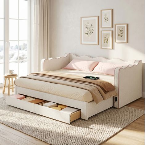 Cama nido tapizada beige bouclé 90x200 cm, extensible a 180x200, con 2 cajones, USB y Type-C (1/5)