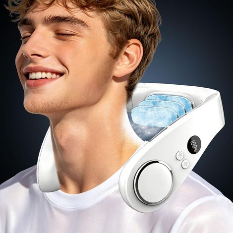 Ventilateur de Cou Climatiseur Mobile,Mini Climatiseur Portable 5500mAh Rechargeable USB Sans Pale & Mains Libres,Neck Fan Air Cooler avec Affichage LED pour Bureau Voiture Camping Exterieur (1/5)