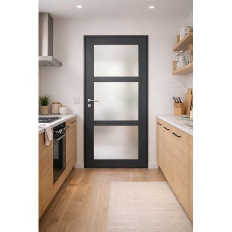 Bloc Puerta Blakeria Gris Anthracita Vitrificada H204 x L73 cm, Lado Derecho, Tirador Pomerol, GD MENUISERIES