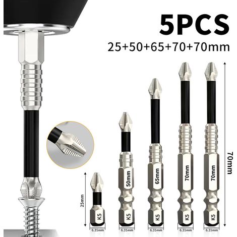 Set di punte per avvitatore ad alta magnetizzazione - 5 pezzi Punta per smerigliatura K5 resistente agli urti - testa per avvitatore magnetica - 25+50+65+70+70mm (5 pezzi)