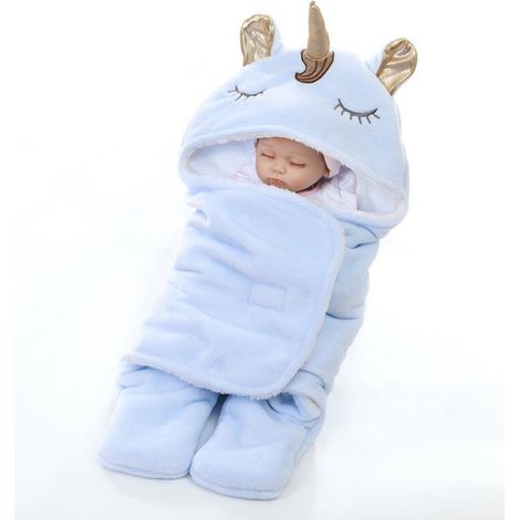 Gigoteuse licorne bébé, nid d’ange chaud en velours corail avec capuche, pieds séparés, bleu – DELKEVIC