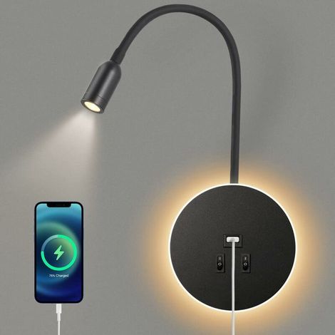 Applique murale LED,Col de Cygne Lumière, liseuse de chevet avec interrupteur, port de charge USB, éclairage d'ambiance de chambre à coucher Spot réglable (3W 300K + 8W 6000K) Noir (1/5)