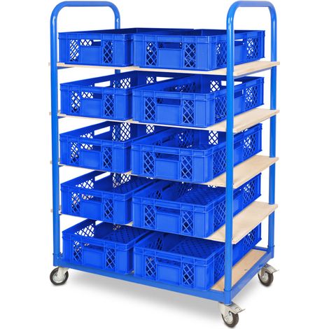 BRB Etagenwagen mit 5 Ebenen, BxTxH 1050x500x1450 mm bestückt mit 10 Euroboxen BxTxH 600x400x150 mm, durchbrochen (blau) (1/2)