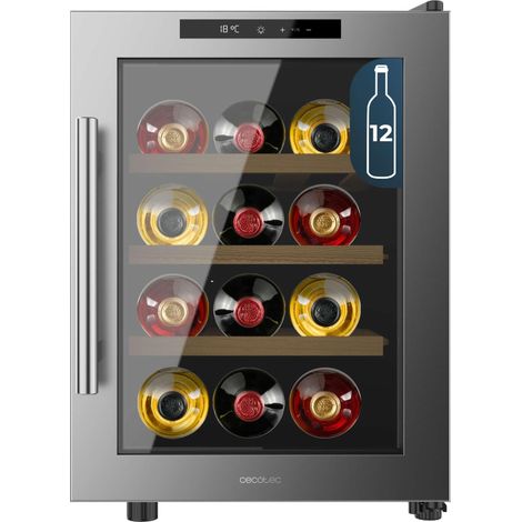 Cecotec cave à vin Bolero GrandSommelier 1255 CoolWood E, capacité 12 bouteilles, étagères en bois, contrôle tactile