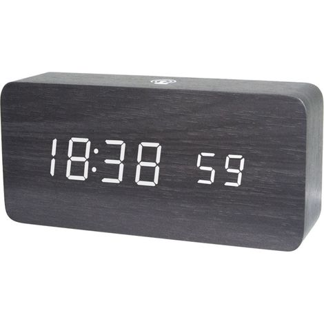 Reloj inteligente de madera, pantalla LED de hora/temperatura/fecha, 4 niveles de brillo, control por voz, alimentación por USB o pilas (madera negra, luz blanca).