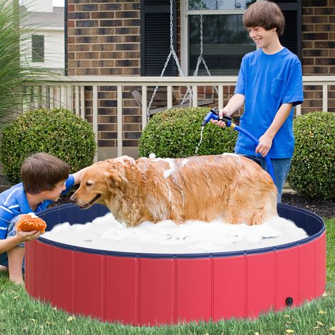 Baignoire pour chiens pliable, diamètre 140 cm, piscine à patauge en plastique et bois pour chiens et chats, hauteur 30 cm, rouge (1/4)