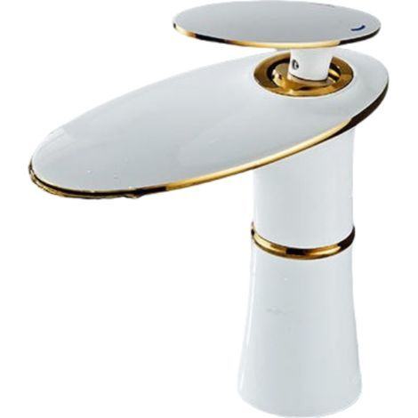 Mitigeur Salle de Bain Cascade Mitigeur Lavabo Blanc et Or Mitigeur Salle de Bain en Laiton Monocommande, Court (1/4)