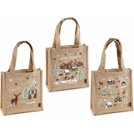 Borsette natalizie in juta con manici e stampa villaggio natalizio, set da 6 pezzi, cm 22x10x22 H (con manici38)