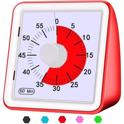 Minuteur analogique visuel - Compte à rebours silencieux - Rouge - Plastique ABS - 78x78x45mm (1/4)