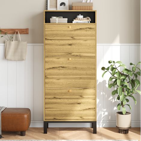 Schuhschrank aus MDF in Natur, 63 x 24 x 147 cm, mit 3 Klappen und offenen Fächern (1/5)
