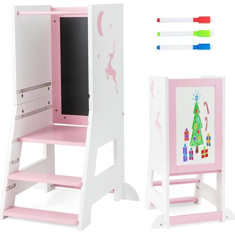 COSTWAY Torre de Aprendizaje, 2 en 1 Torre de Taburete Infantil con 3 Rotuladores, Pizarra Blanca y Negra, Plataforma y Escalón Ajustables, Escalera para Niños para Cocina Baño Comedor (Rosa) (1/5)